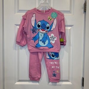 Disney Stitch Girls Outfit Set Size‎ 4 Pink Ruffle Sleeve Top & Joggers NWT